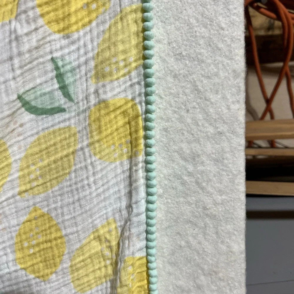 Muslin Baby Swaddle Blanket Yellow Lemon Print Mint Pom Pom Trim Cotton Gauze